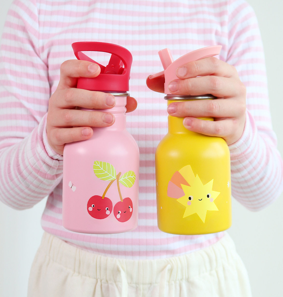 A Little Lovely Company Back to school - Mini Drinkfles RVS - Happy Cherries