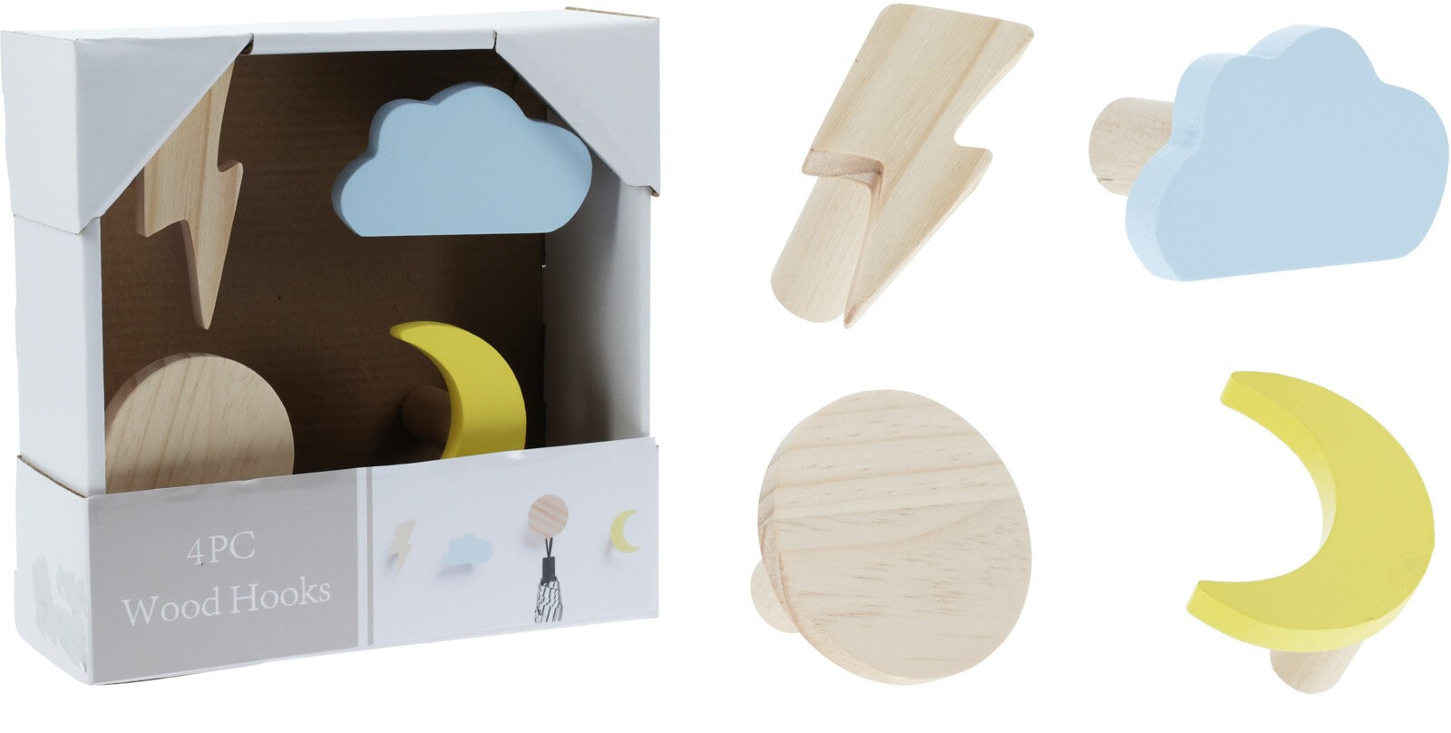 Home & Styling Kapstokken Maan, Zon, Wolk en Bliksem - Set van 4 stuks - Multi