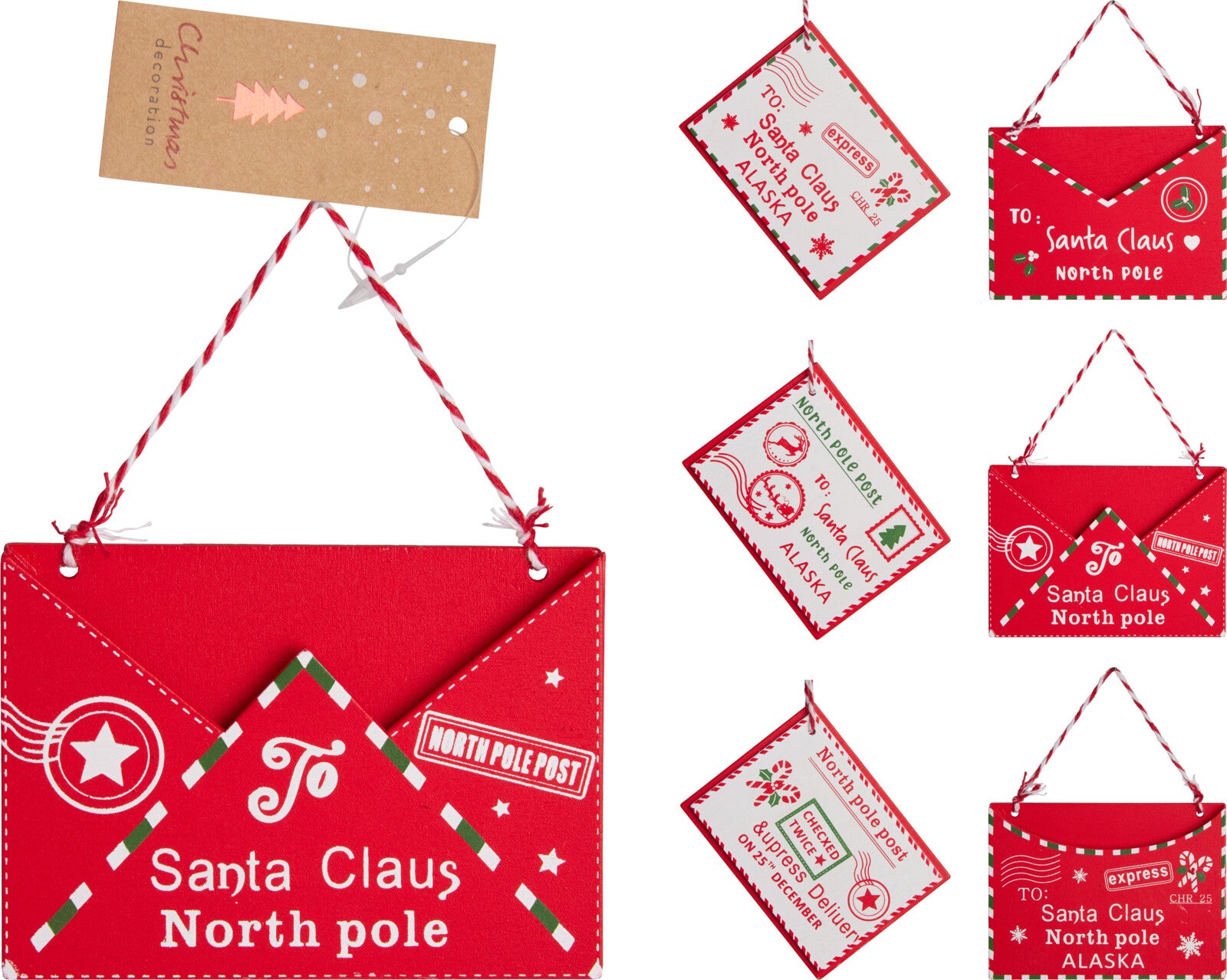 Home & Styling Kerst Cadeauverpakking enveloppe in hout - Set van 6 stuks - 9cm - Rood/Wit