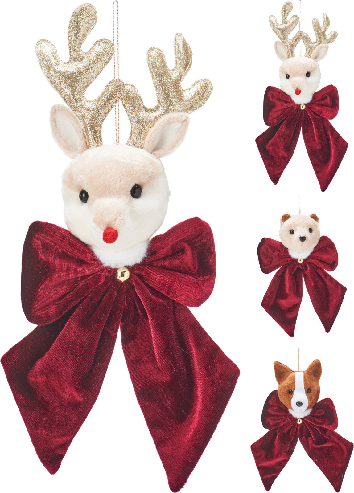 Home & Styling Kerstdecoratie/Kersthanger Velvet Dieren Strikken - Set van 3 stuks - 20cm - Rood