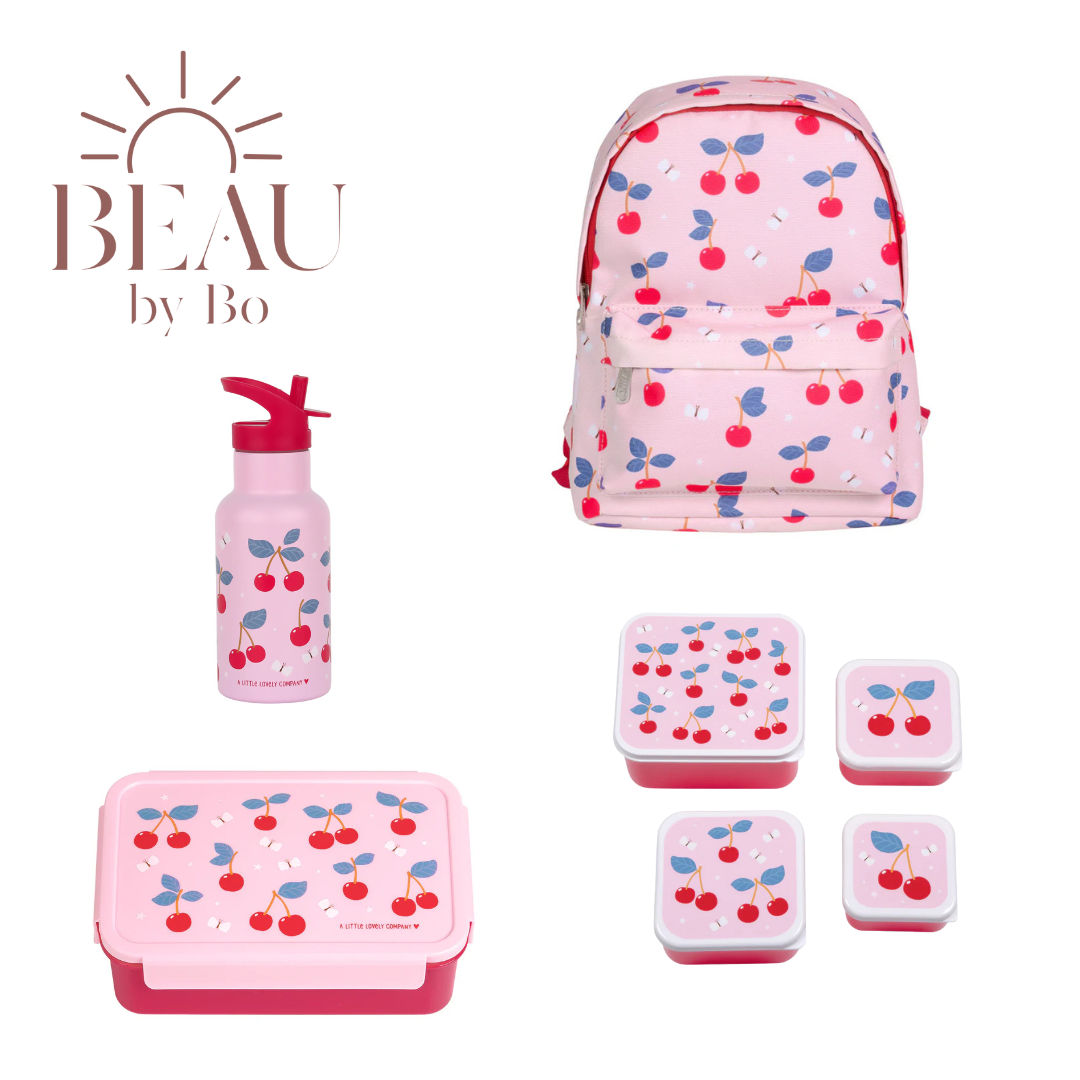 Bundel A Little Lovely Company Back to school set - Rugzak/Drinkfles RVS/4 Snackdozen/Bentobox - Kersen