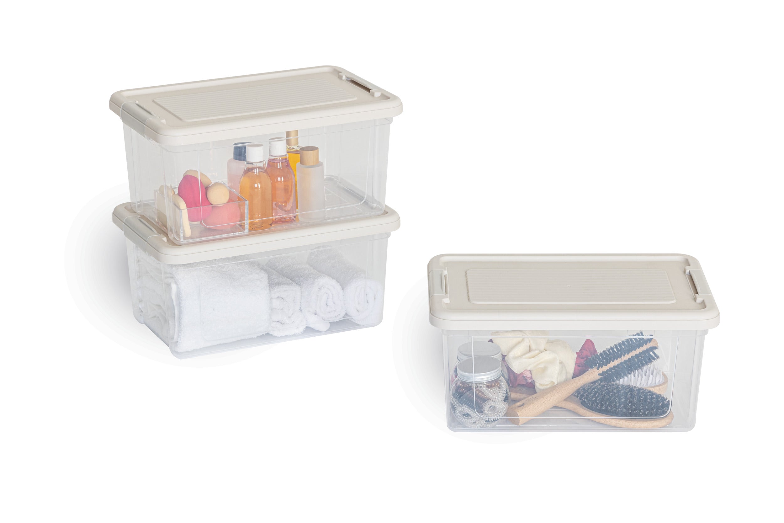 5Five Tide'n Box Stapelbare opbergbox met deksel - Set van 3 stuks - 5L - 30x15x19cm - Transparant - Beige
