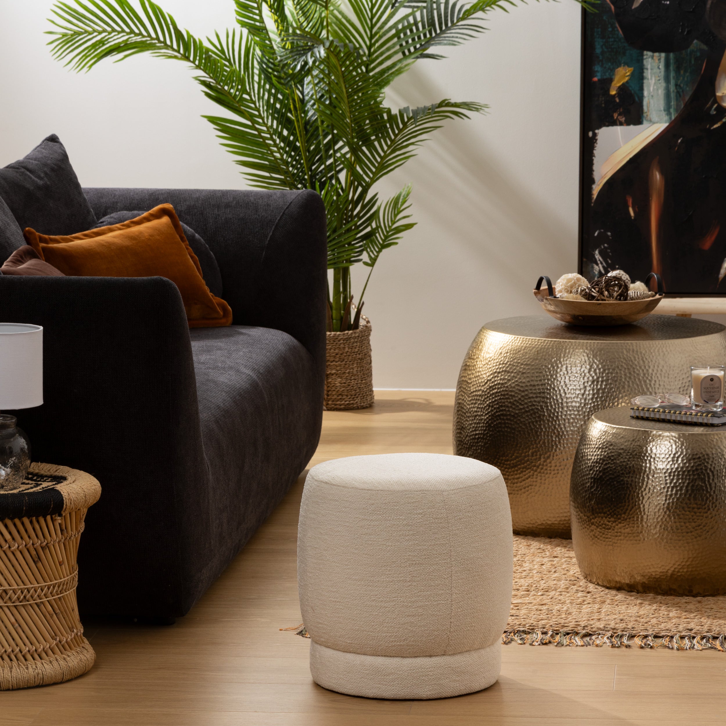 Atmosphera Leandre Pouf velvet gray - H35 cm - Footstool