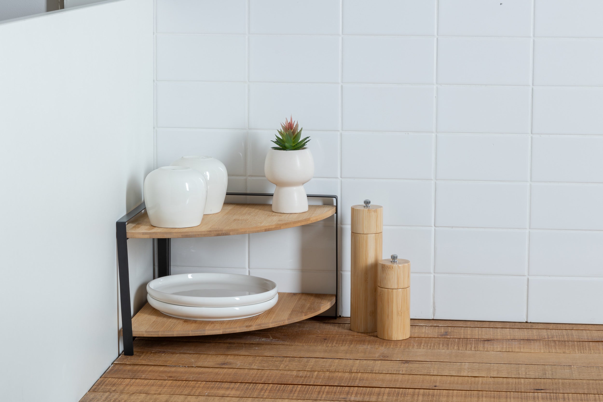 5Five Ordera Hoekplank bamboe - 2 niveau's - 30x29x21cm - Zwart/Beige