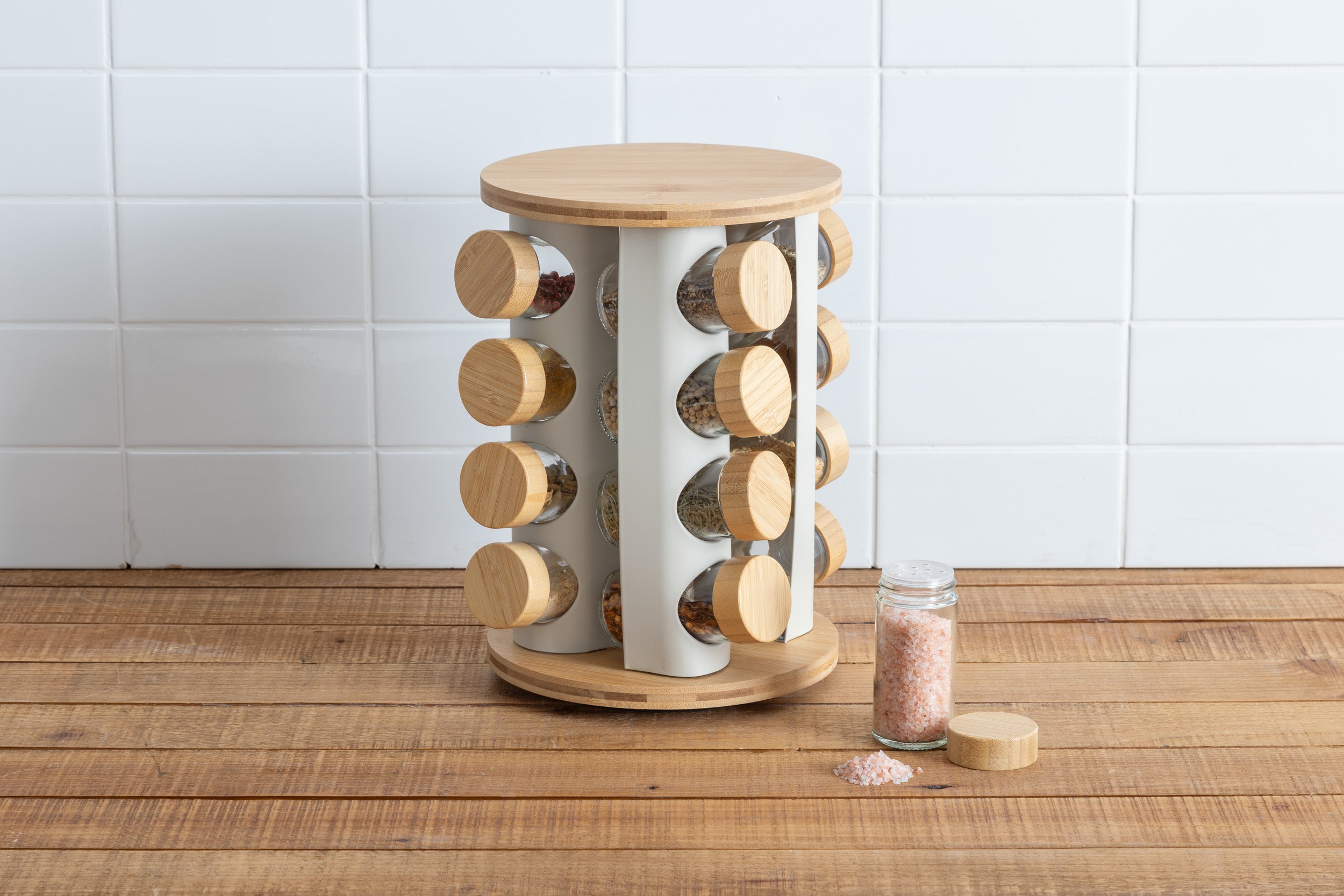 5Five Draaiend Kruidenrek bamboe - 16 Potjes - Ø21xH29cm - Grijs