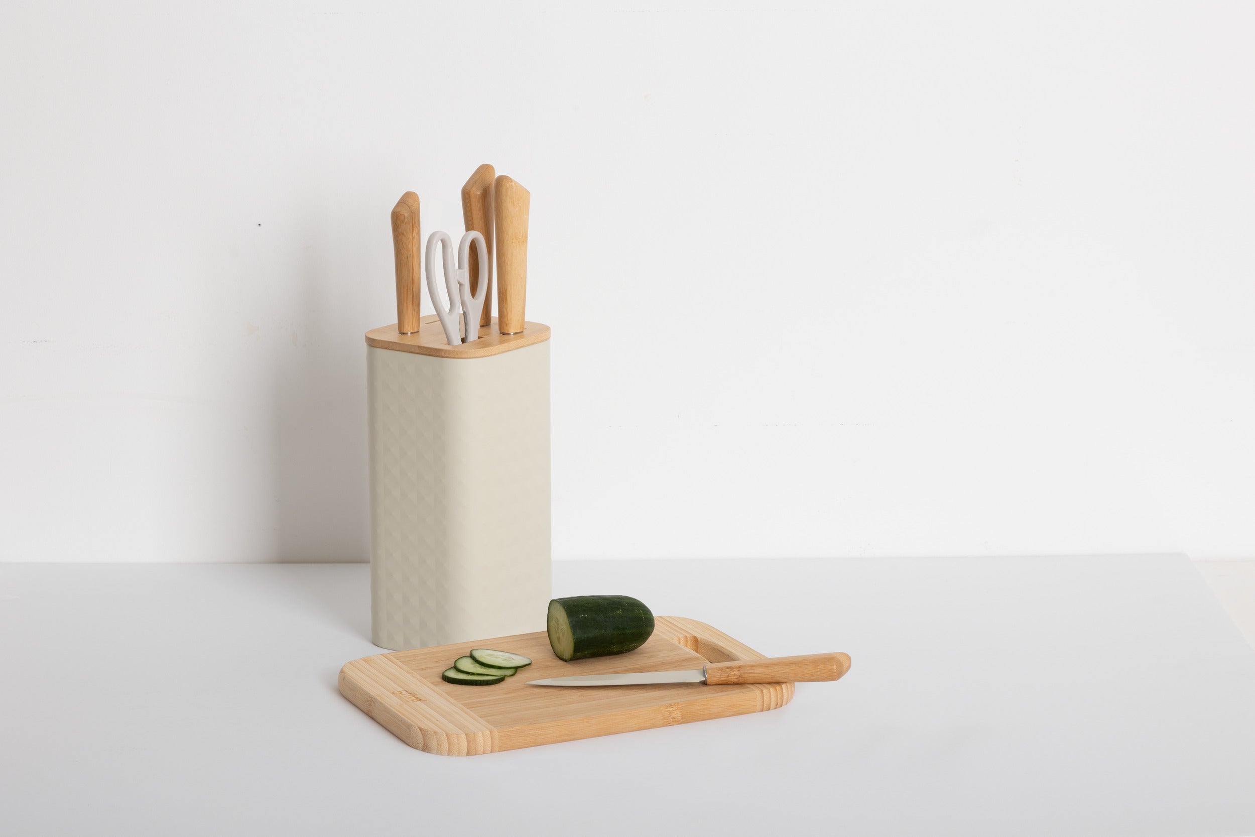 5Five Sensia Messenblok met 4 messen en schaar - 12x12x36cm - Beige