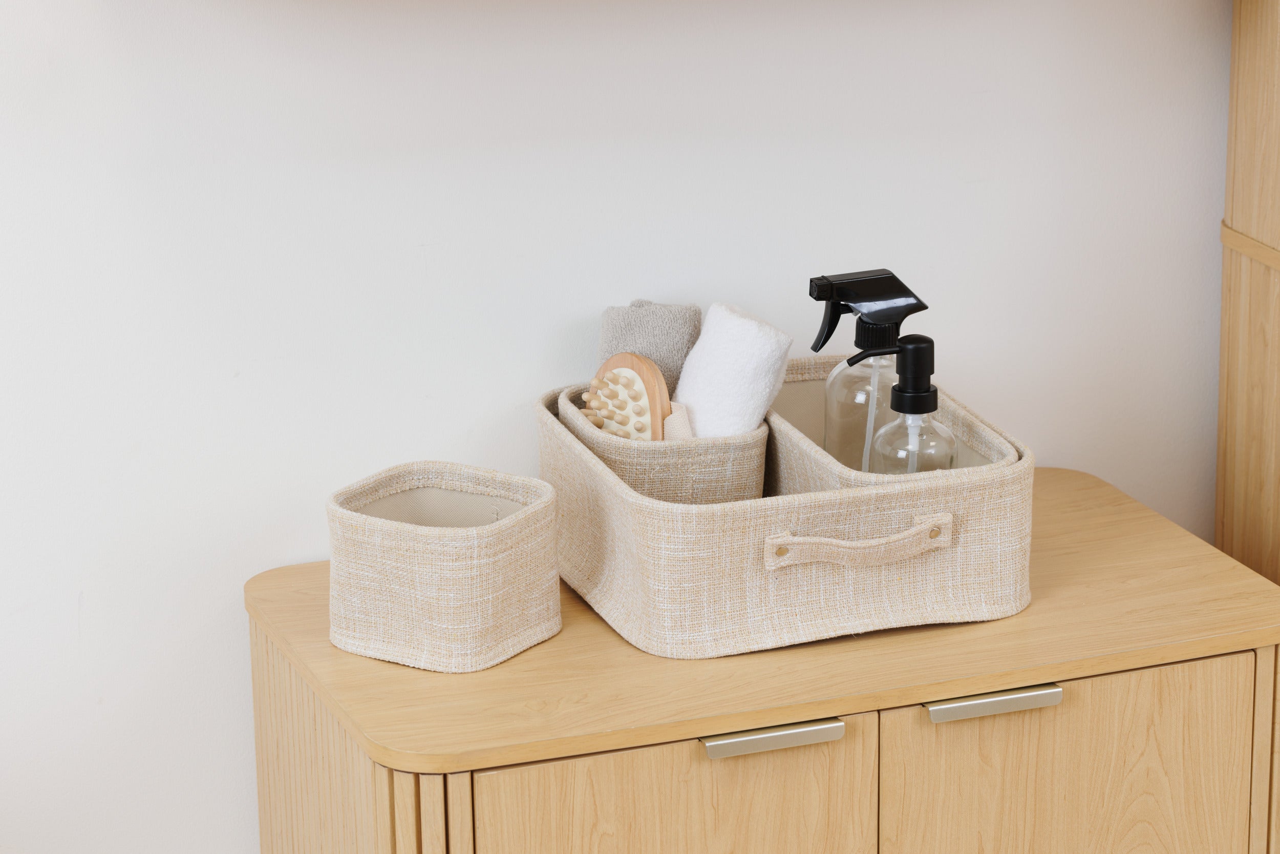 5Five Opbergmanden polyester - Set van 4 stuks - 31x31x10cm - Beige