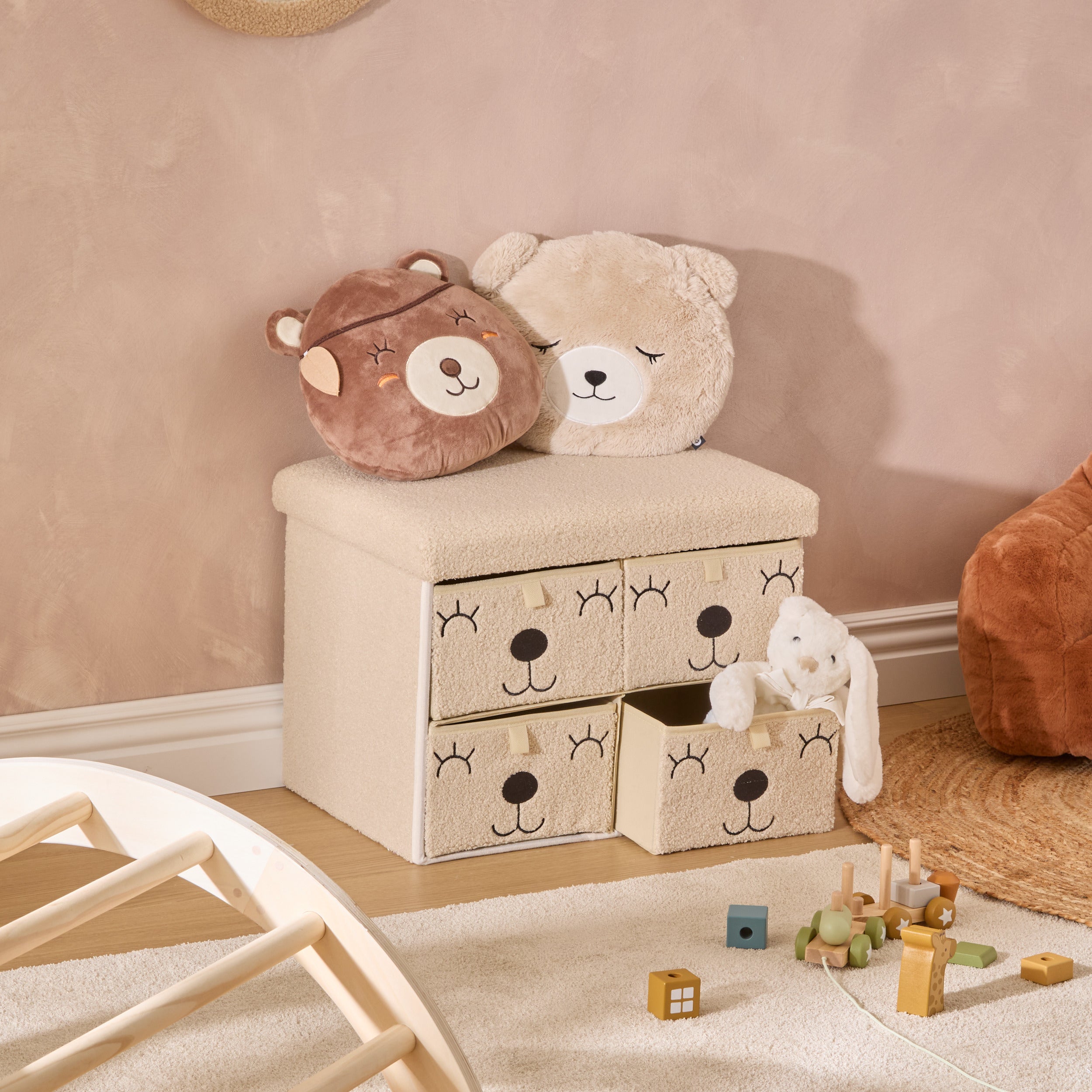 Atmosphera Kids Ezzio Opbergpoef met 4 lades - 39x38x50cm - Opvouwbaar - Beige