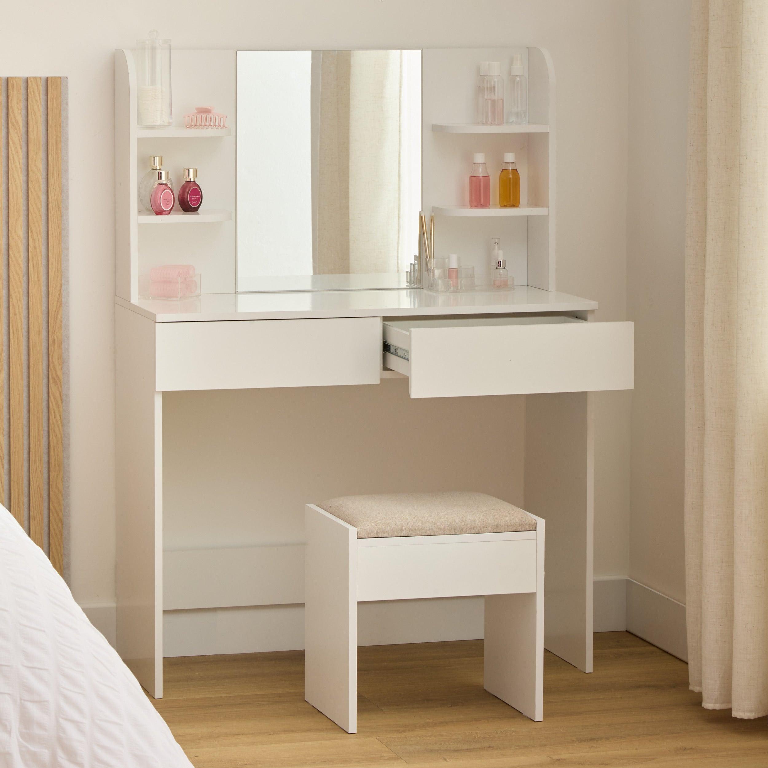 5Five Schminktisch mit Spiegel und Hocker – 90 x 40 x 125 cm – Weiß