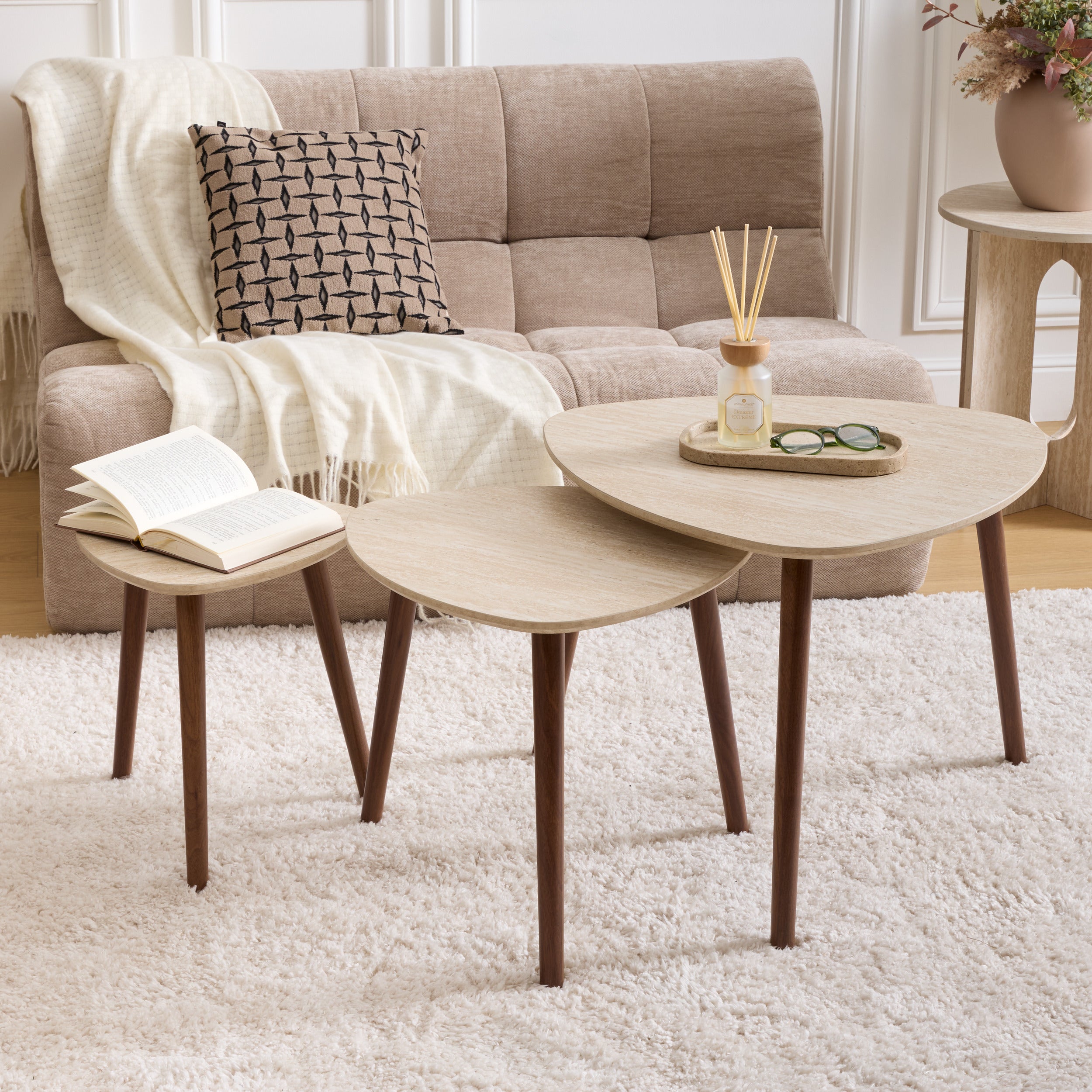 Design Atmosphera Miléo Travertinlook - Set van 3 bijzettafels - Beige