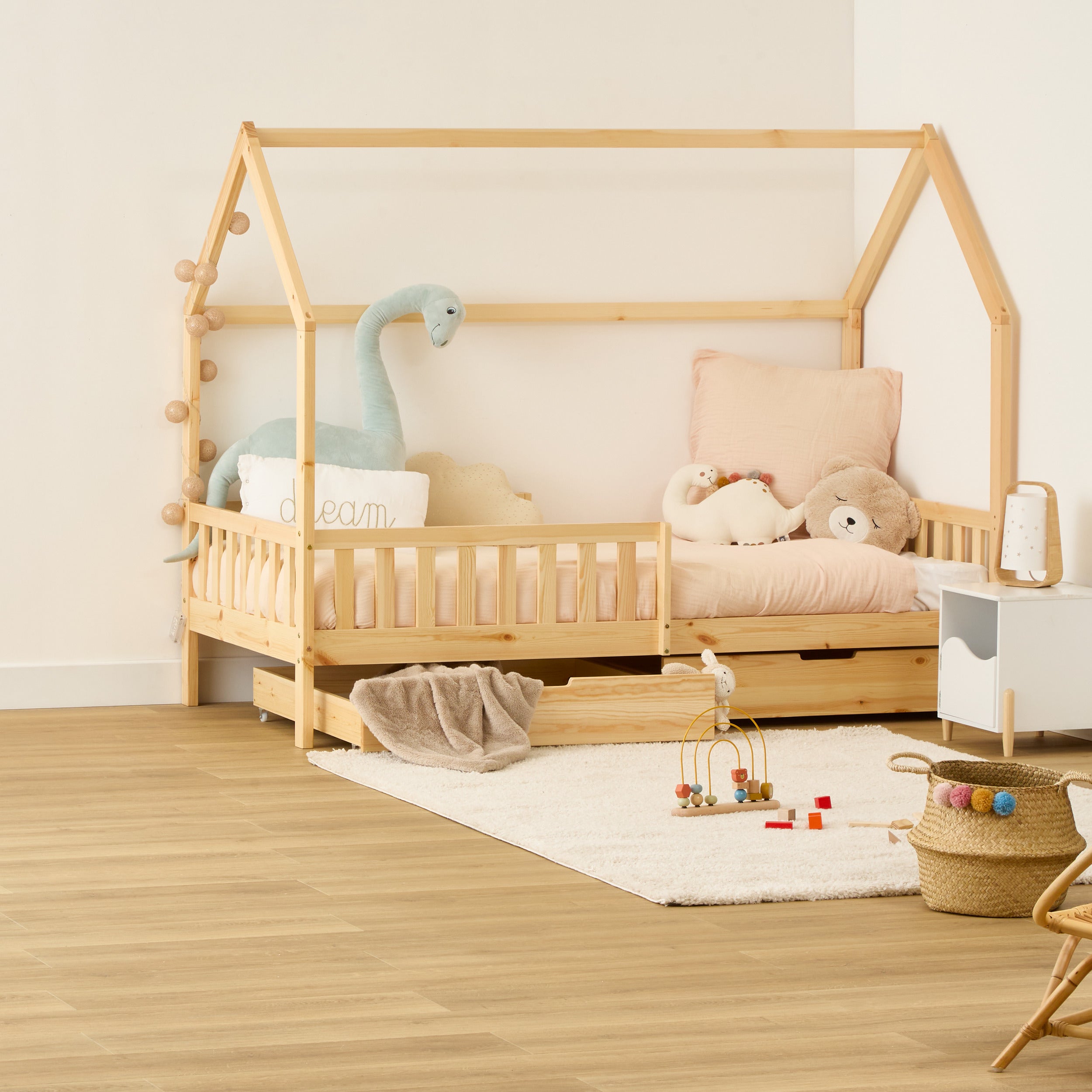 Cabane bébé - 90 x 190 cm - Lit - Lit tente avec sommier et tiroirs - Avec bord de protection