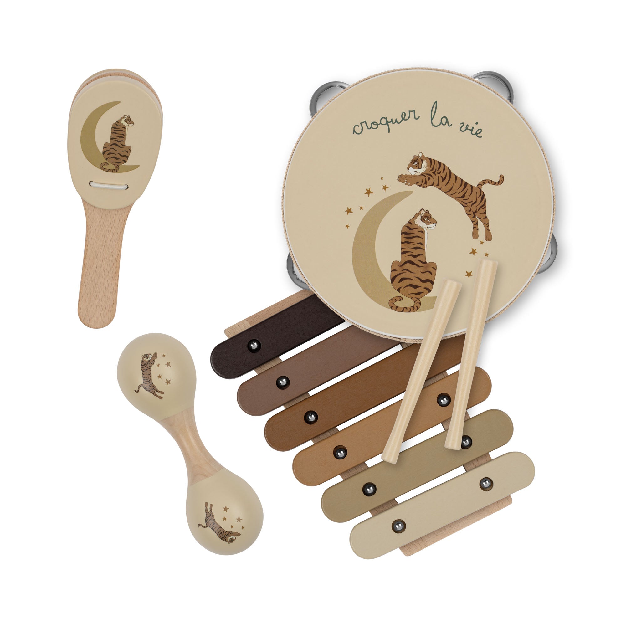 Konges Sløjd Ensemble de musique en bois - Tambourin, castagnettes, macaras et xylophone - Tigre