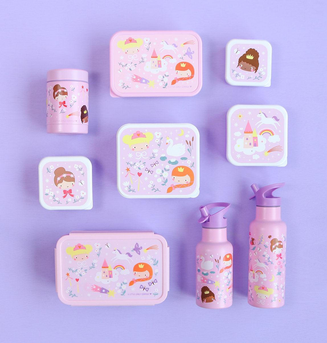 Bundel A Little Lovely Company Back to school set - Rugzak/Drinkfles RVS/4 Snackdozen/Bentobox - Princesses