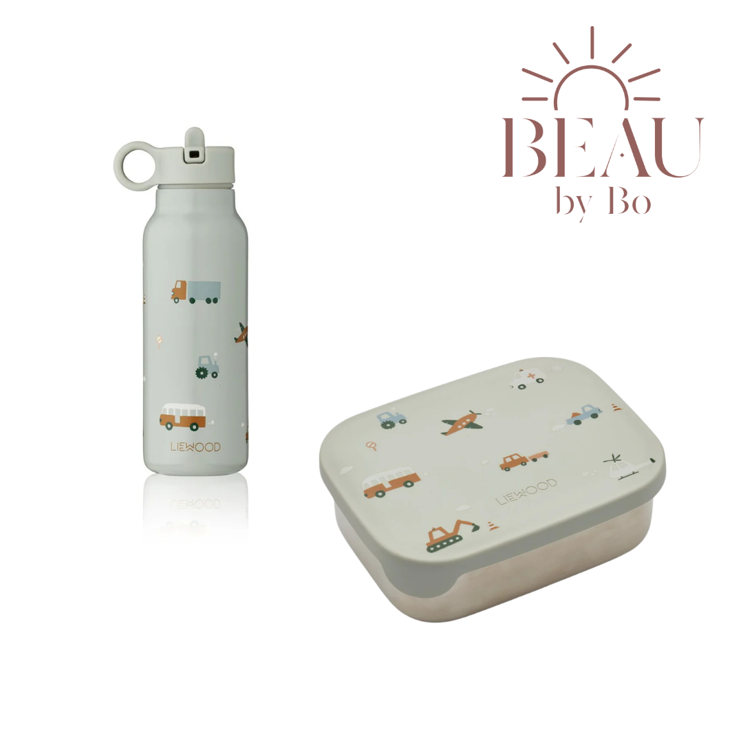 Bundel Liewood Back to School set - Lunchbox + Drinkfles - Vehicles/Dove Grey