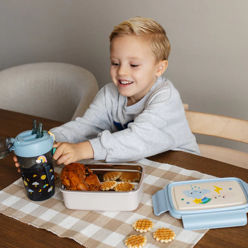 Bundel Petit Monkey Back to School set Sparkling Sky - Bentobox + Drinkfles - Blauw