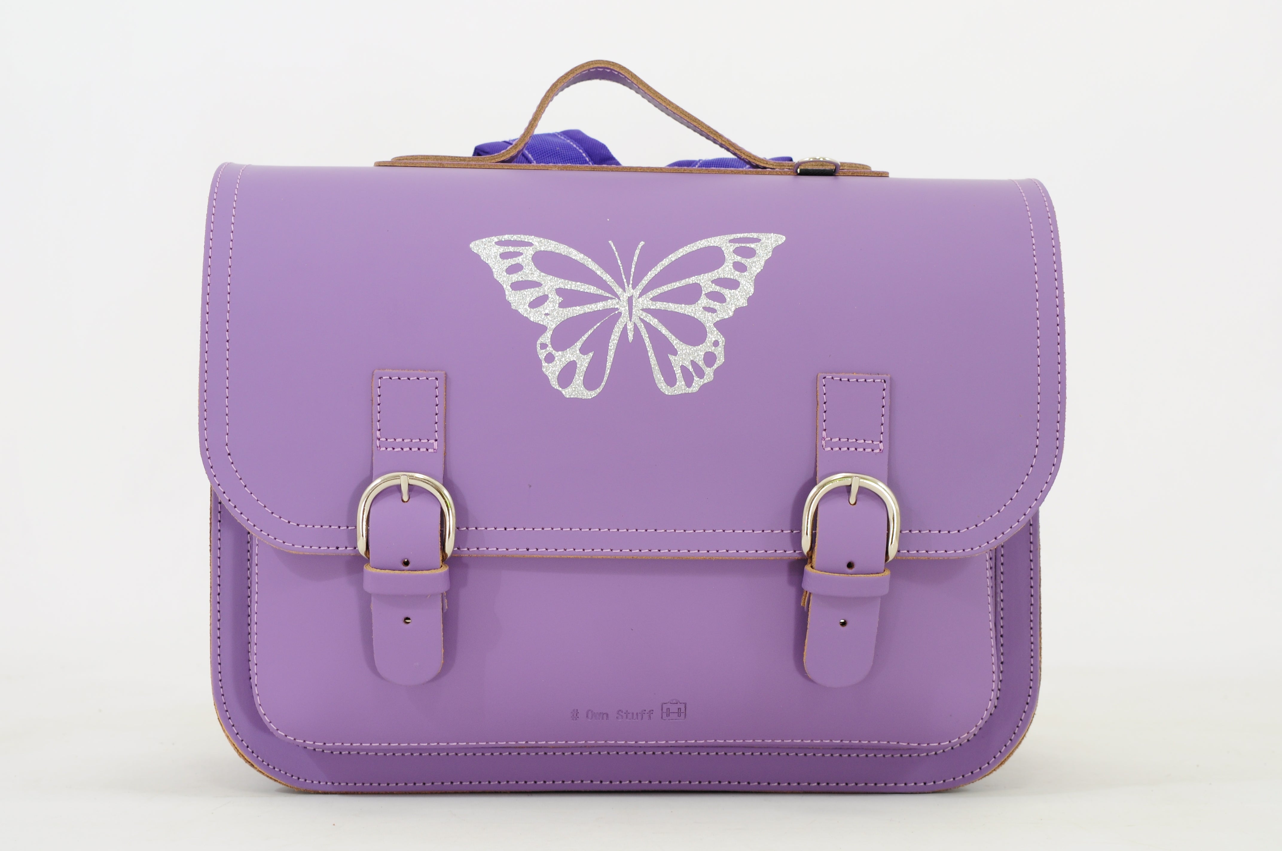 Own Stuff Lederen Boekentas Lagere school - 38x30x17cm - Silver Butterfly Purple