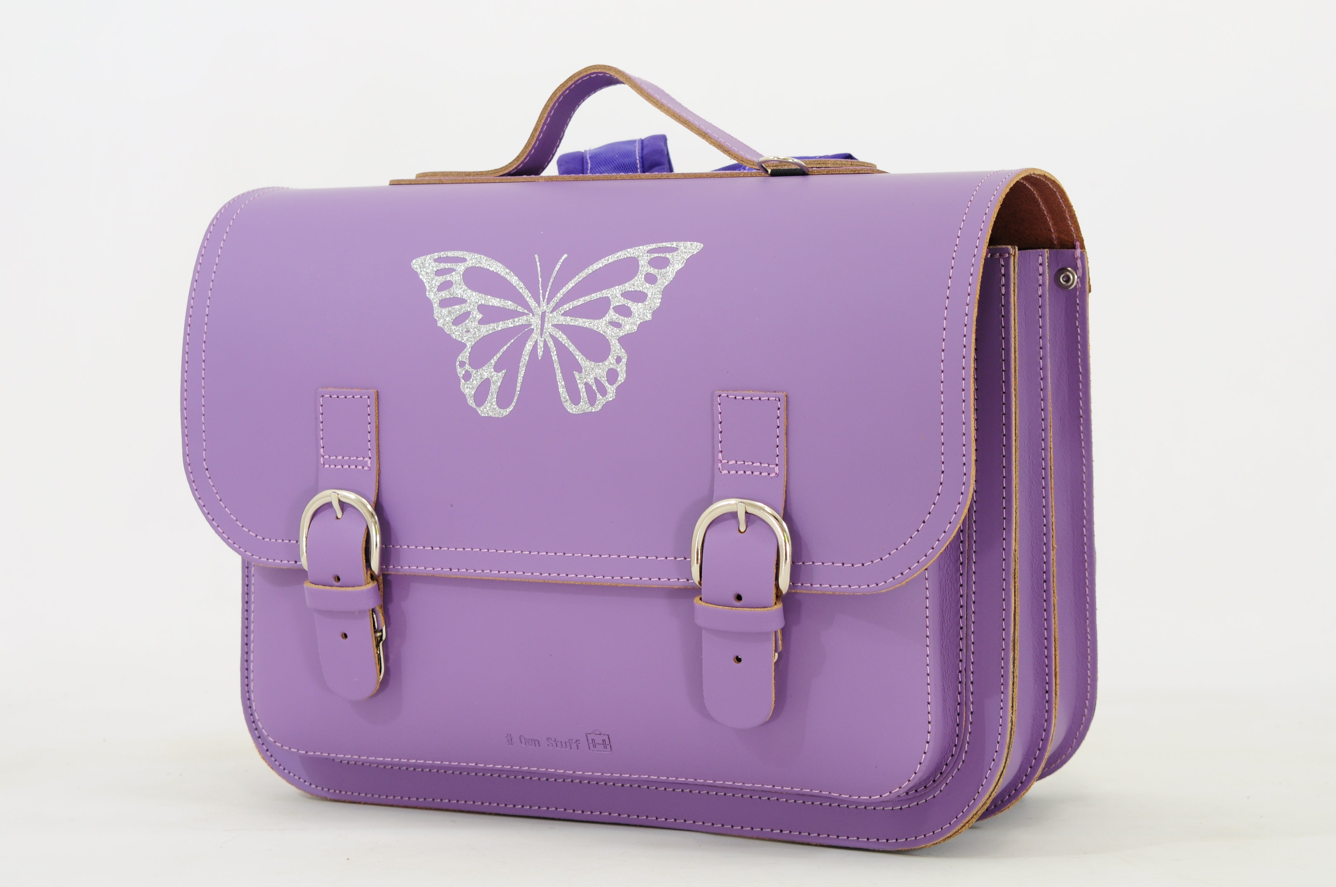 Own Stuff Lederen Boekentas Lagere school - 38x30x17cm - Silver Butterfly Purple