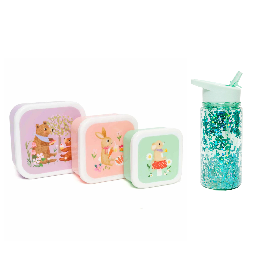 BEAU by Bo Petit Monkey Back to School set - Snackdozen + Drinkfles Animals Picnic/Glitter - Groen