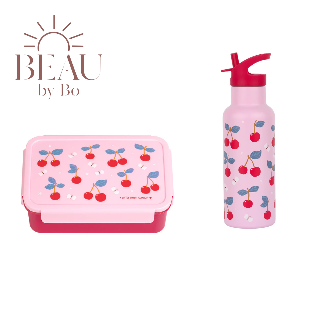 Bundel A Little Lovely Company Back to school set - Drinkfles XL RVS/Bentobox - Kersen