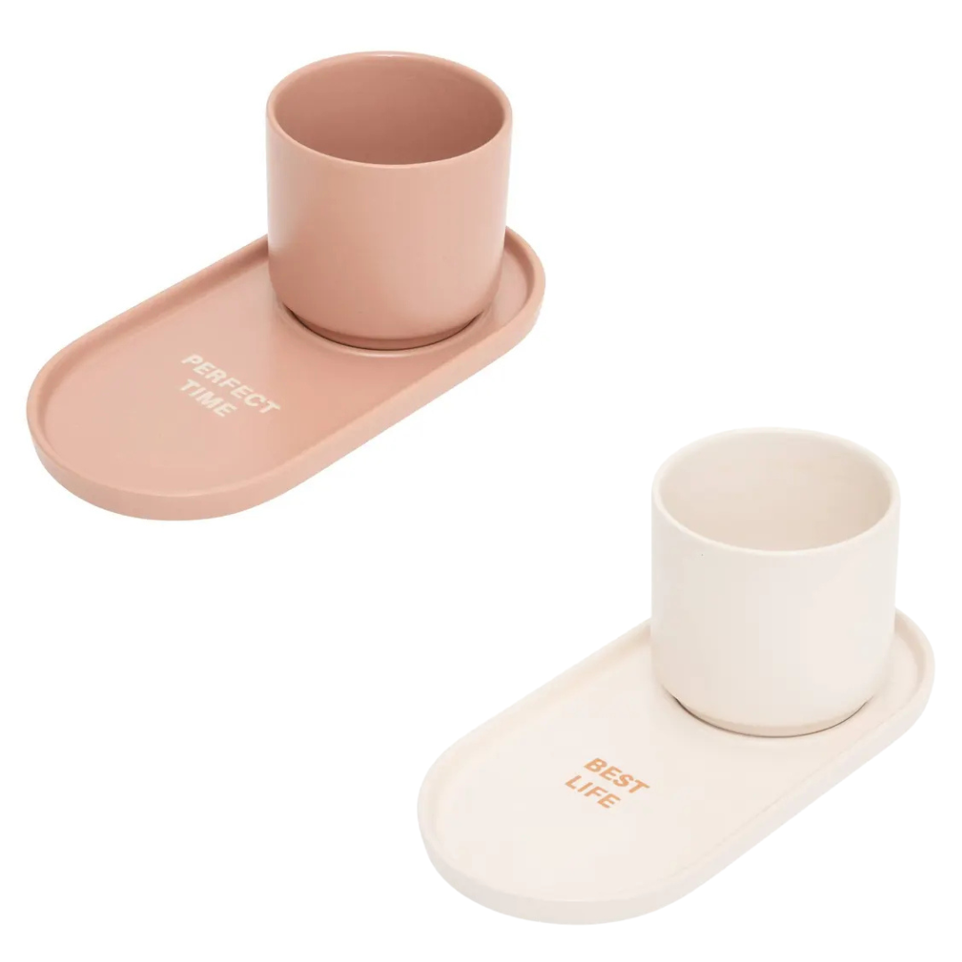 Secret de Gourmet Espresso Kopjes met bordje - Set van 2 stuks - 24cl - Lichtroze/Wit
