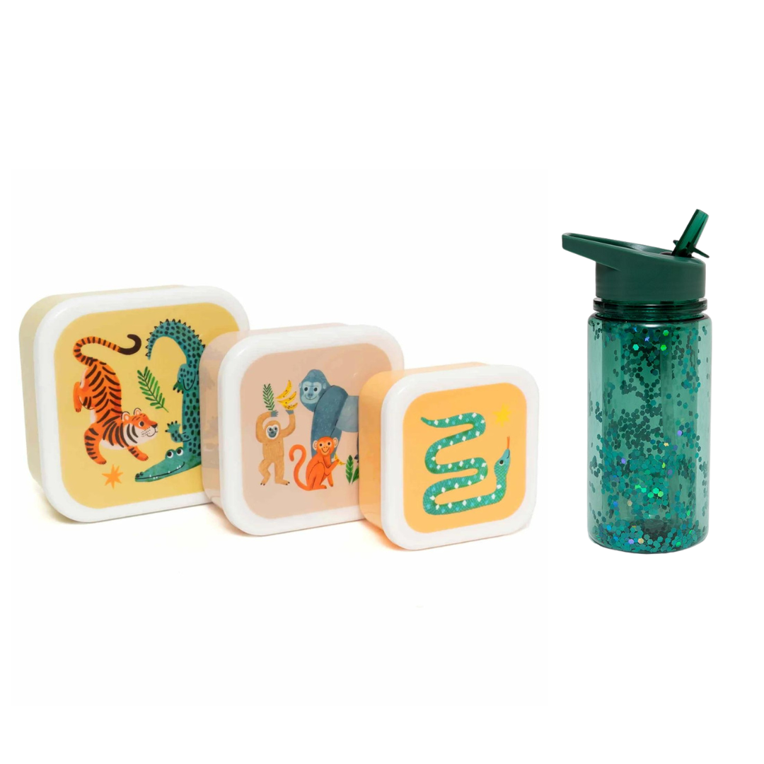 BEAU by Bo Petit Monkey Back to School set - Snackdozen + Drinkfles Upside Down Animals/Glitter - Groen