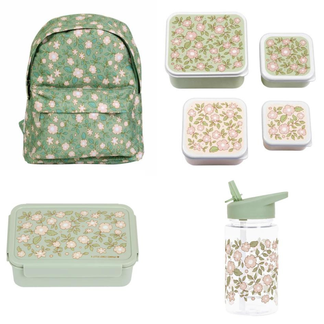 Beau von Bo Eine kleine schöne Firma Back to School Set - Rucksack/Trinkflasche/4 Snackboxen/Bentobox - Blossom Saliegroen