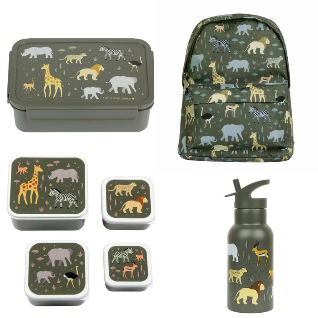 Beau von Bo Eine kleine schöne Firma Back to School Set - Rucksack/Trinkflasche Edelstahl/4 Snackboxen/Bentobox - Savannah