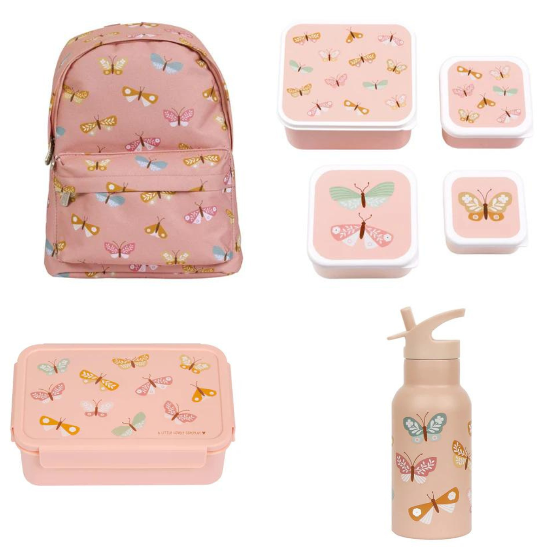 Bundel A Little Lovely Company Back to school set - Rugzak/Drinkfles RVS/4 Snackdozen/Bentobox - Vlinders