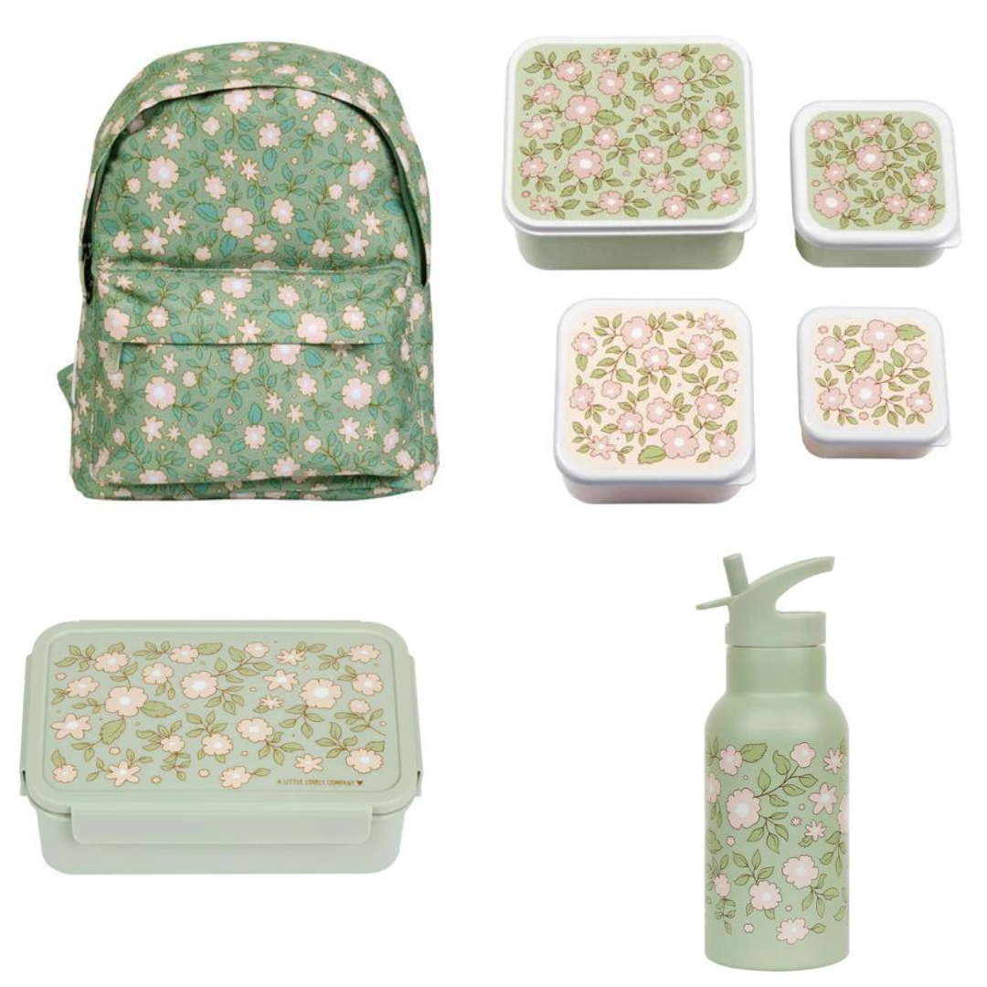 Beau von Bo Eine kleine schöne Firma Back to School Set - Rucksack/Trinkflasche Edelstahl/4 Snackboxen/Bentobox - Blossom Saliegroen