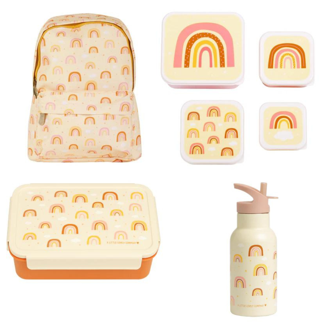 Beau von Bo Eine kleine schöne Firma Back to School Set - Rucksack/Trinkflasche Edelstahl/4 Snackboxen/Bentobox - Regenbogen