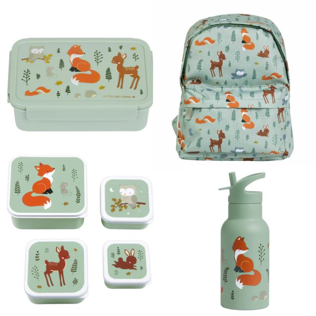 Bundel A Little Lovely Company Back to school set - Rugzak/Drinkfles RVS/4 Snackdozen/Bentobox - Bosvriendjes