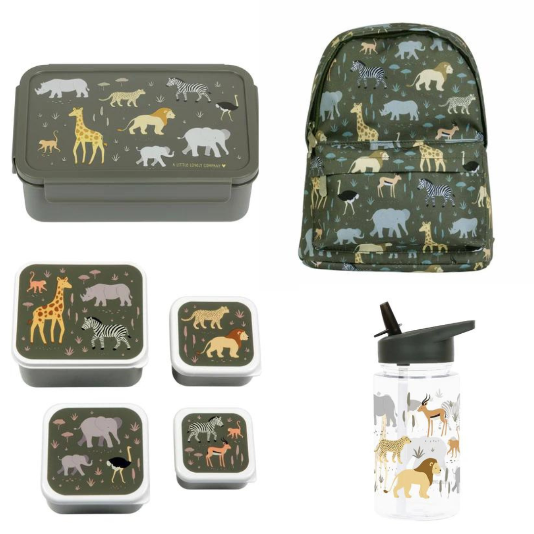 Beau von Bo Ein kleiner schöner Unternehmen zurück zum Schulset - Rucksack/Trinkflasche/4 Snackkisten/Bentobox - Savannah