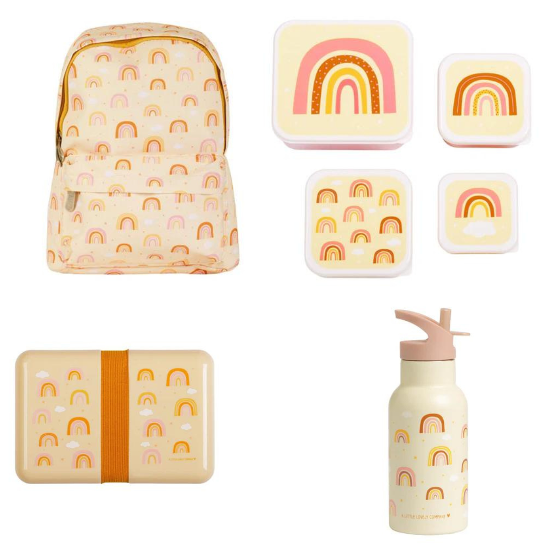 Beau von Bo Ein kleiner schöner Unternehmen zurück zum Schulset - Rucksack/Trinkflasche Edelstahl/4 Snackboxen/Lunchbox - Regenbogen
