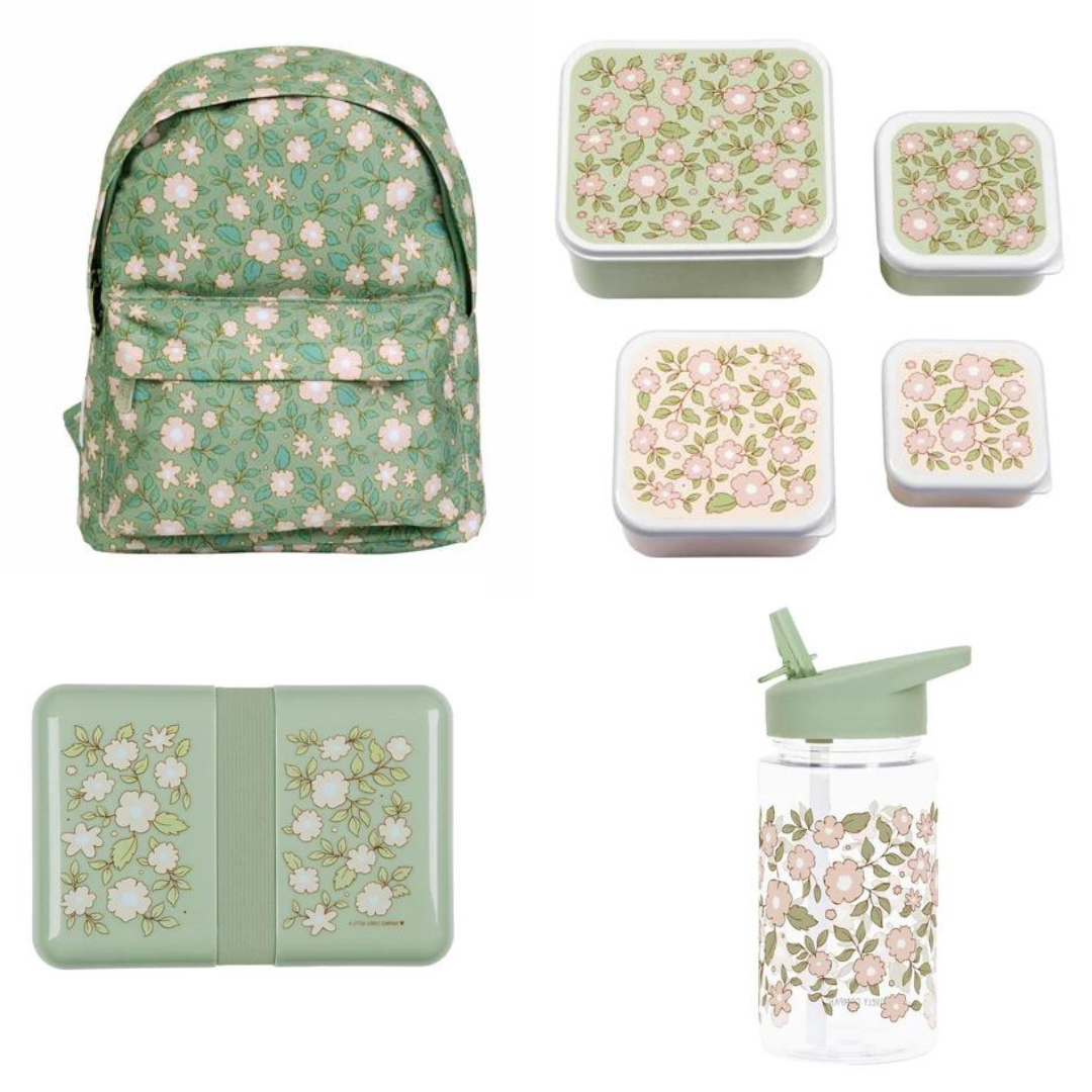 Bundel A Little Lovely Company Back to school set - Rugzak/Drinkfles/4 Snackdozen/Lunchbox - Bloesems Saliegroen