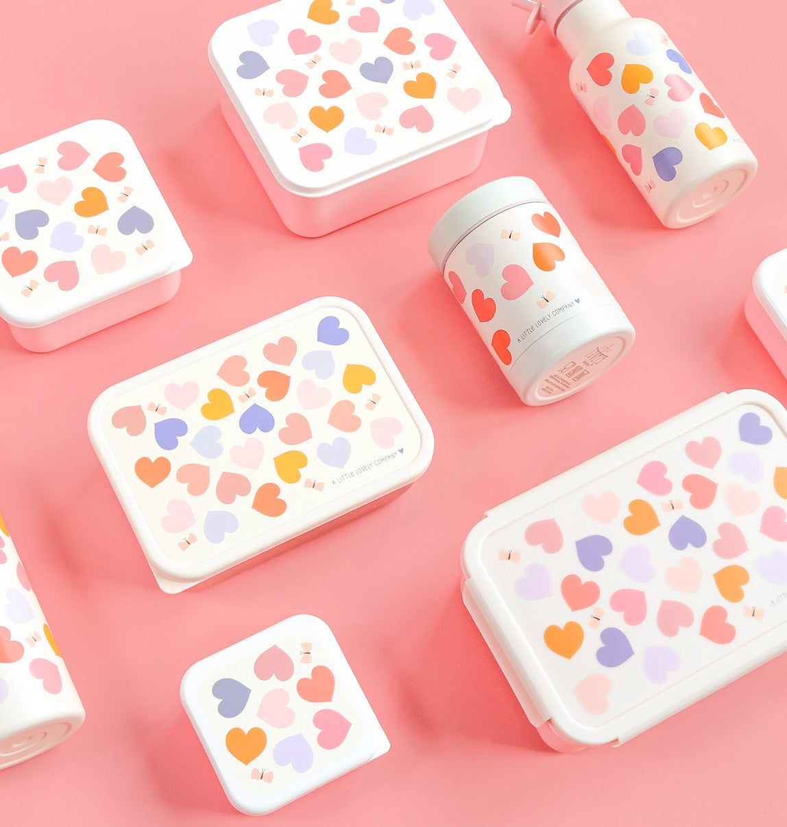 Bundle A Little Lovely Company Back to School-Set – Trinkflasche aus Edelstahl/4 Snackboxen/Bento-Box – Herzen