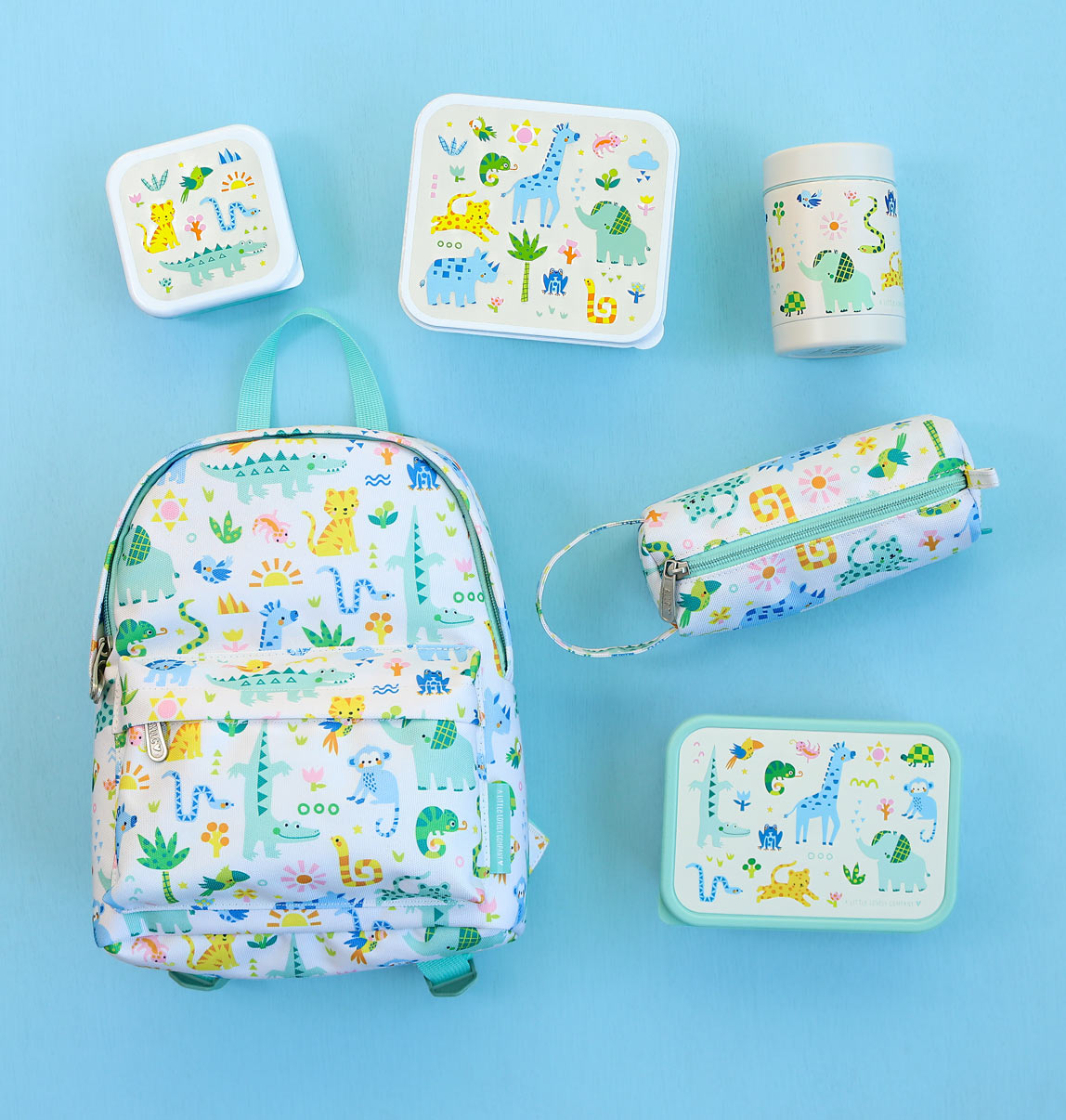 Bundle A Little Lovely Company Back-to-School-Set – Rucksack/Trinkflasche/4 Snackboxen/Bento-Box – Dschungel