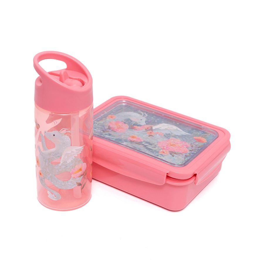BEAU by Bo Petit Monkey Back to School set - Bentobox + Drinkfles Fairytale Dragon - Pearl Stars/Peony Pink