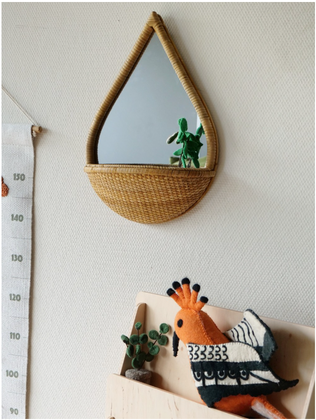 KidsDepot Étagère murale avec miroir et porte-manteau - Rotin - D40x10cm
