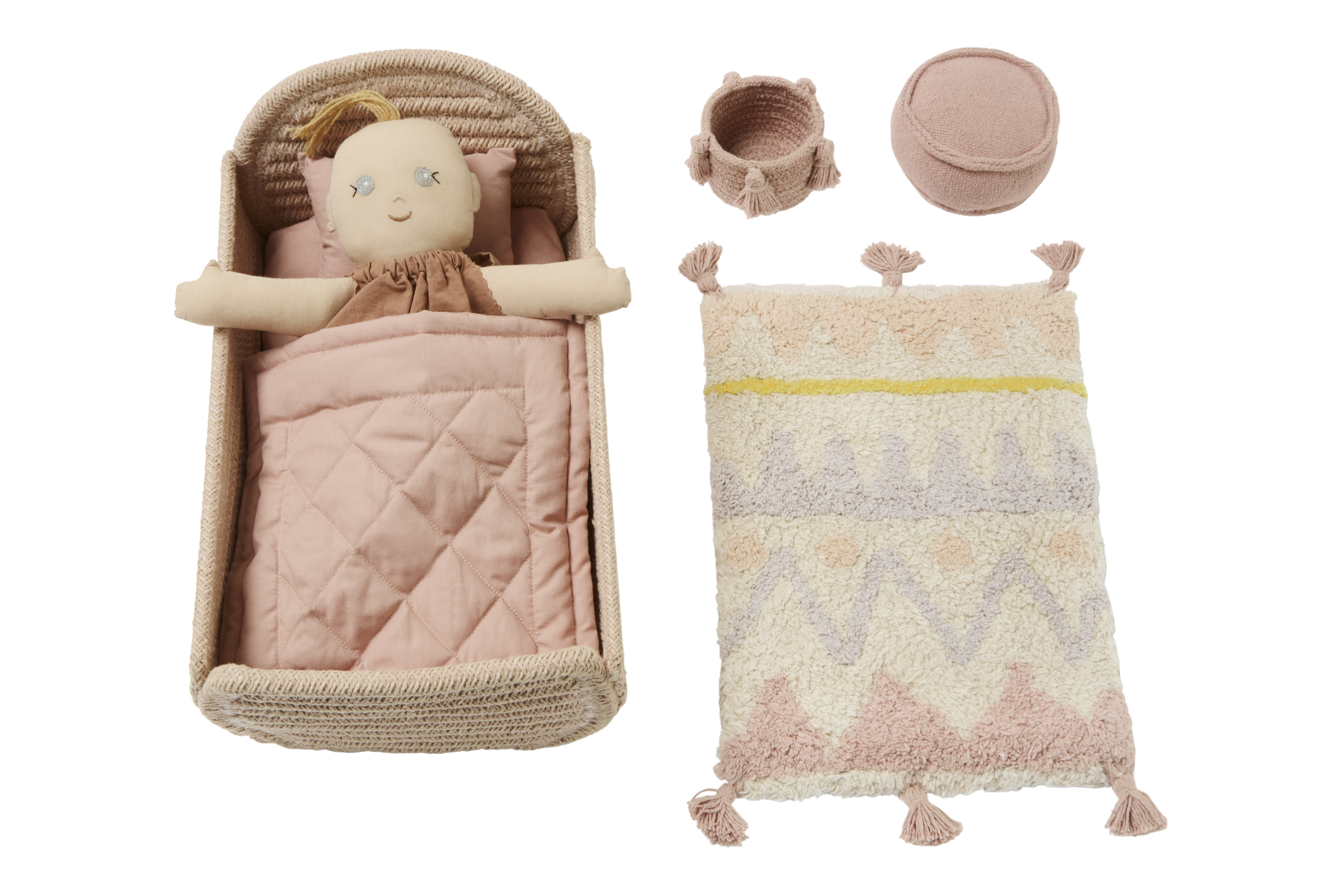Lorena Canals Mini Ammi set - Tapijt, poef, opbergmand, bed, beddengoed en pop - Roze