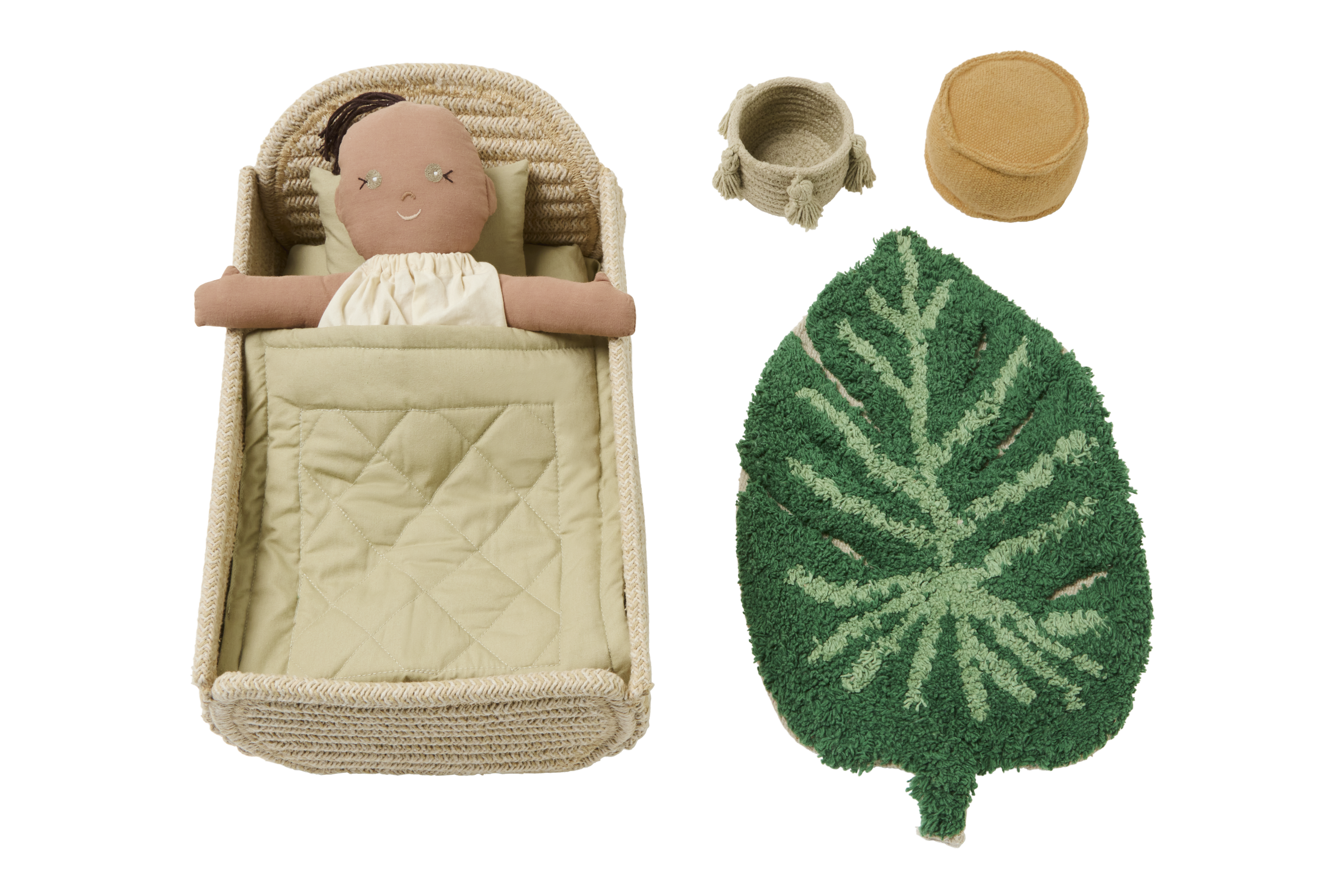 Lorena Canals Mini Ammi set - Tapijt, poef, opbergmand, bed, beddengoed en pop - Beige/Groen