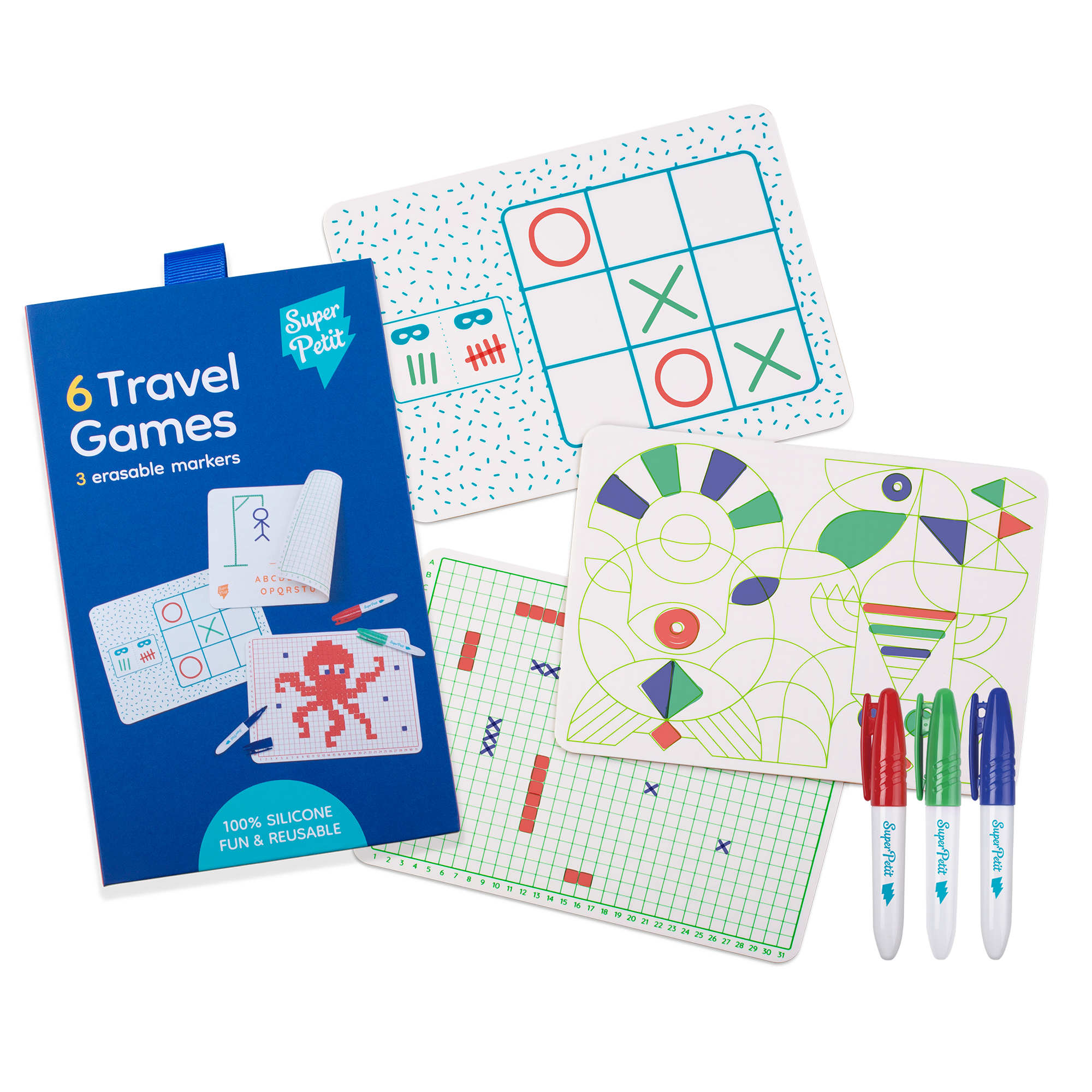 Super Petit Travel Game - 3 Omkeerbare siliconen mini matten met 3 markers