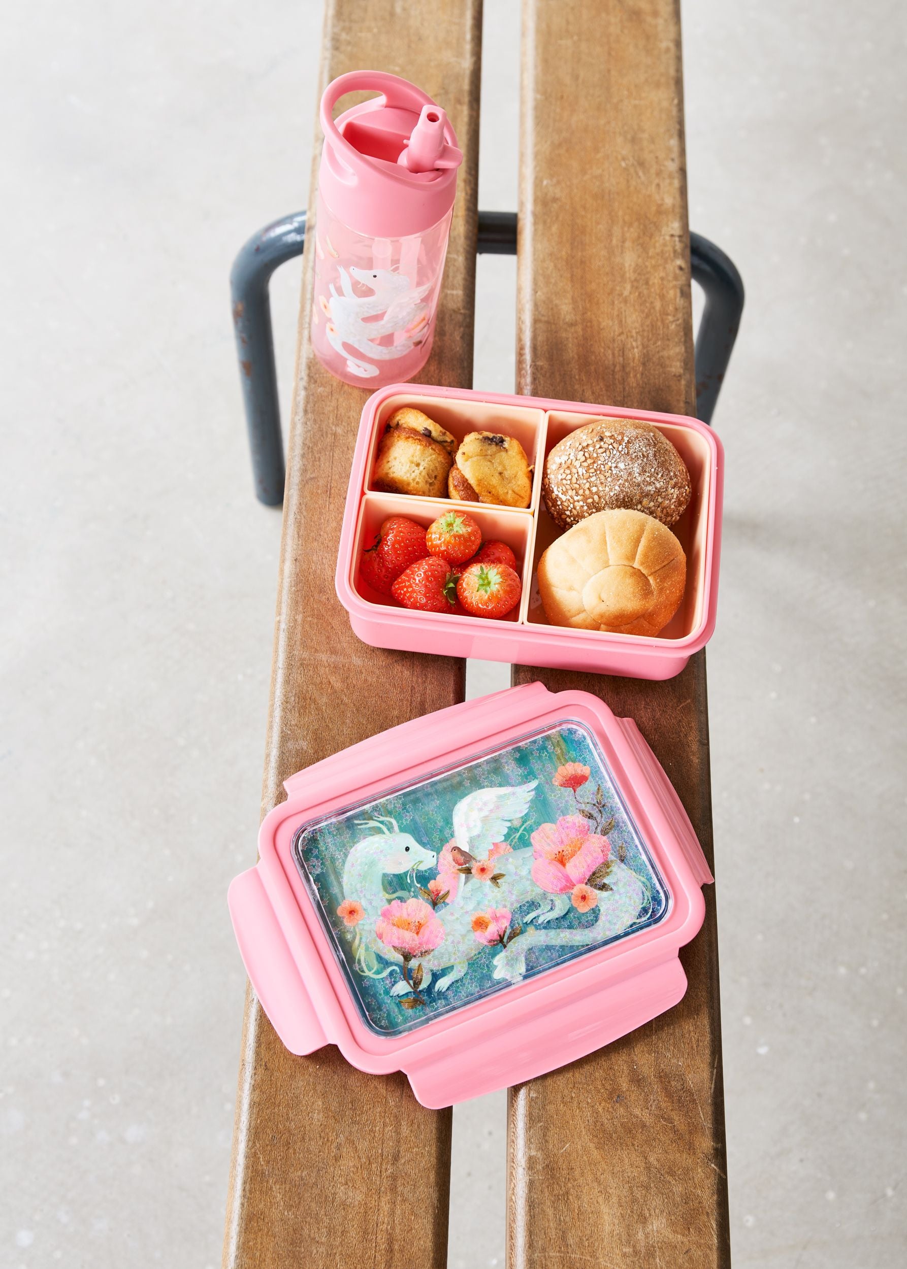 BEAU by Bo Petit Monkey Back to School set - Bentobox + Drinkfles Fairytale Dragon - Pearl Stars/Peony Pink