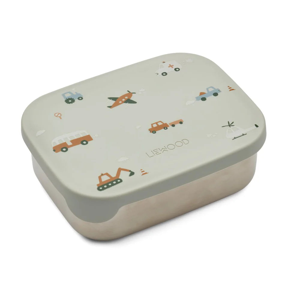 Liewood Arthur Printed Lunchbox - Roestvrij staal - 14x17x6cm - Vehicles/Dove Blue mix