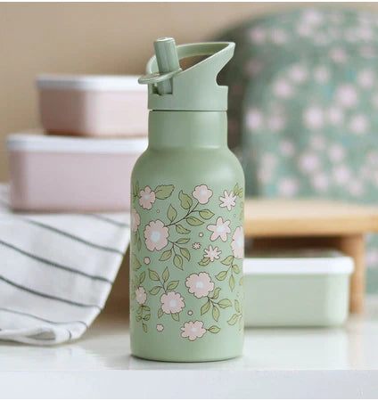 Bundel A Little Lovely Company Back to school set - Drinkfles RVS/4 Snackdozen/Lunchbox - Bloesems Saliegroen