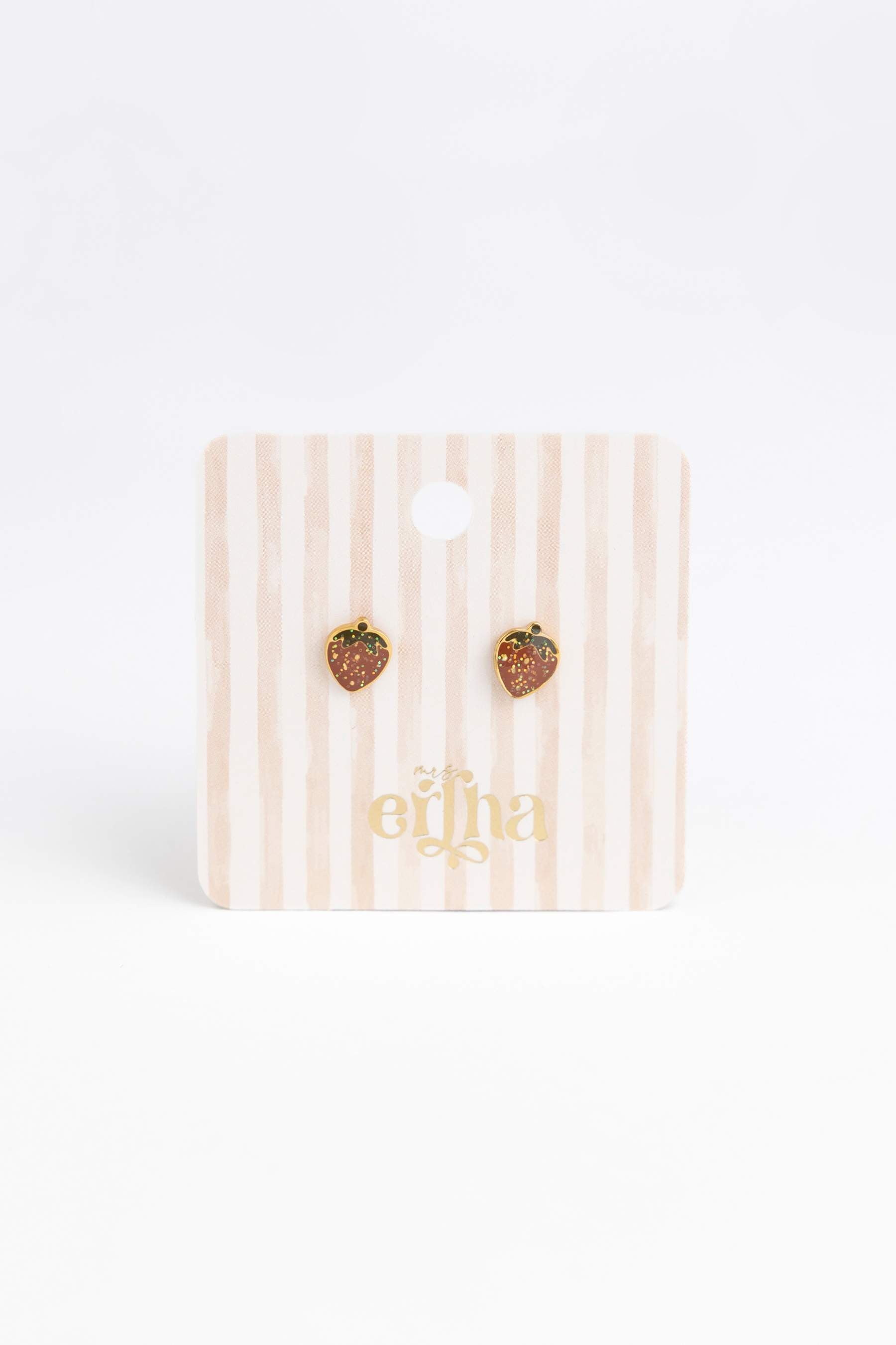 Mrs Ertha Oorbellen/Studs/Oorknopjes - Emaille en 18-karaats PVD-verguld roestvrij staal - Glitter Strawberry