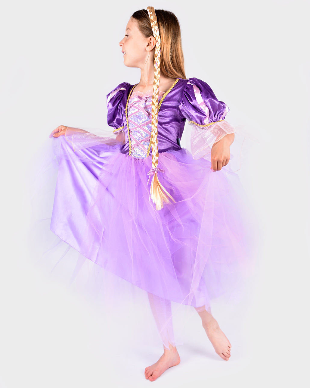 Den Goda Fen Verkleedkledij Rapunzel - Jurk met lange vlecht - 98-104cm - 2-4 jaar - Paars