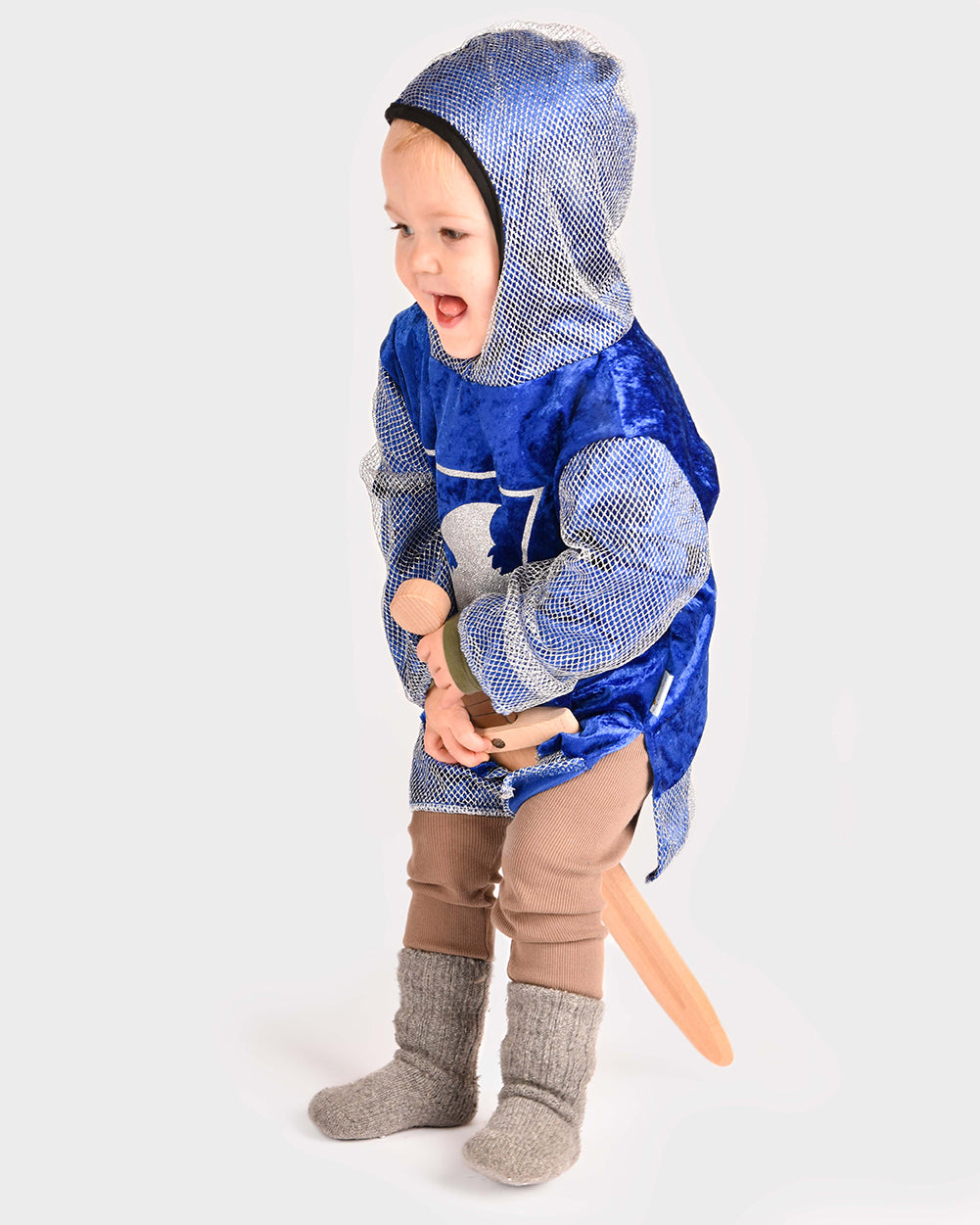 Den Goda Fen Verkleedkledij Ridder - Shirt in velvet met capuchon - 98-104cm - 2-4 jaar - Blauw