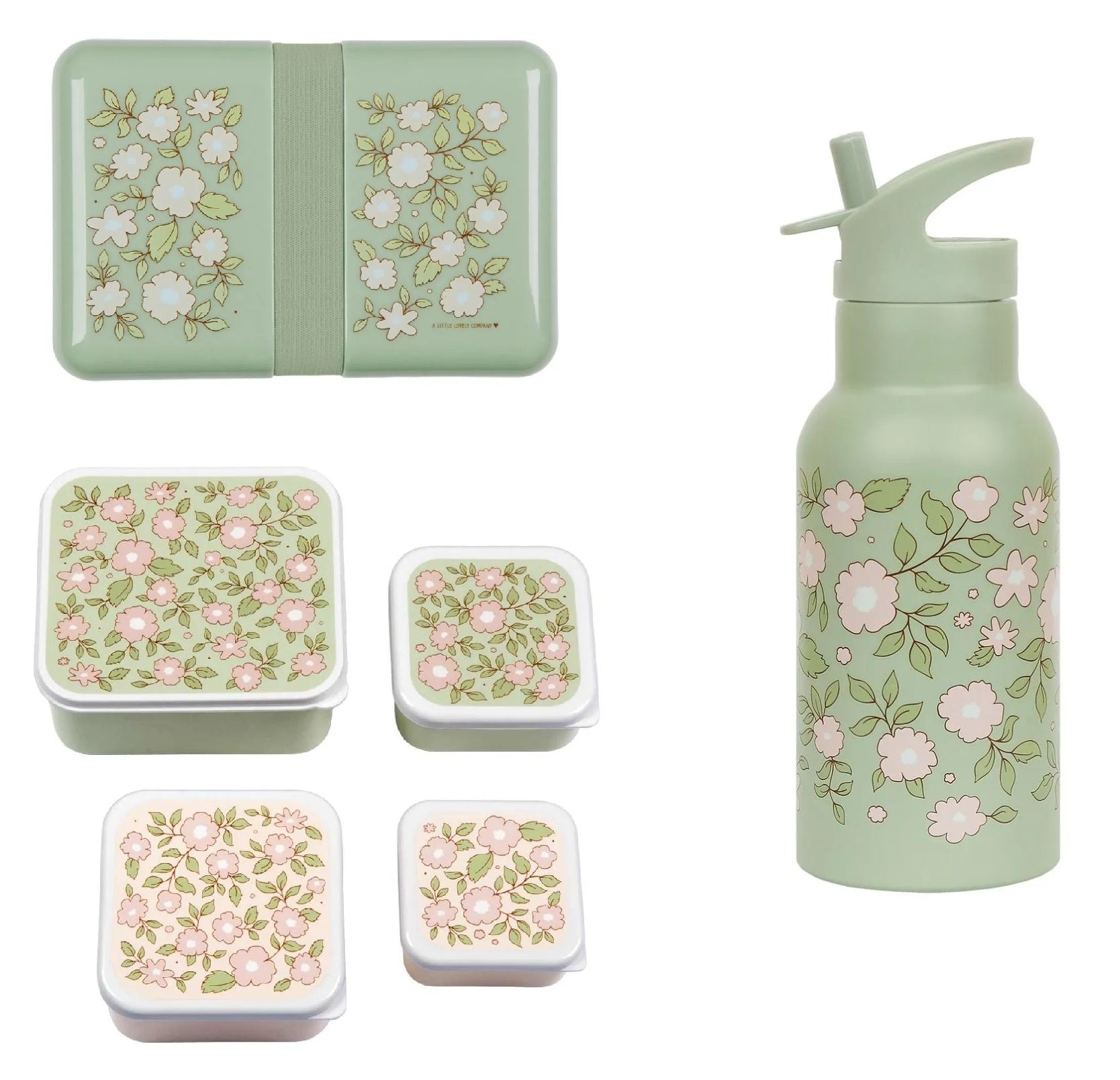 Bundel A Little Lovely Company Back to school set - Drinkfles RVS/4 Snackdozen/Lunchbox - Bloesems Saliegroen