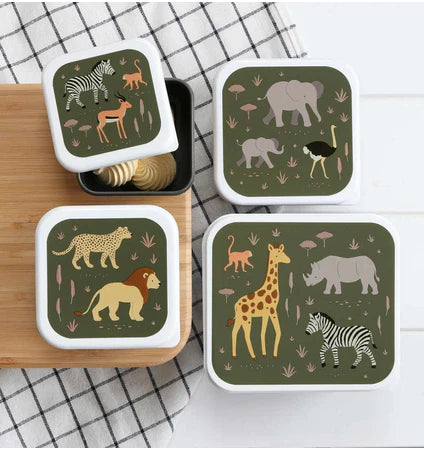 Bundel A Little Lovely Company Back to school set - Drinkfles RVS/4 Snackdozen/Bentobox - Savanne