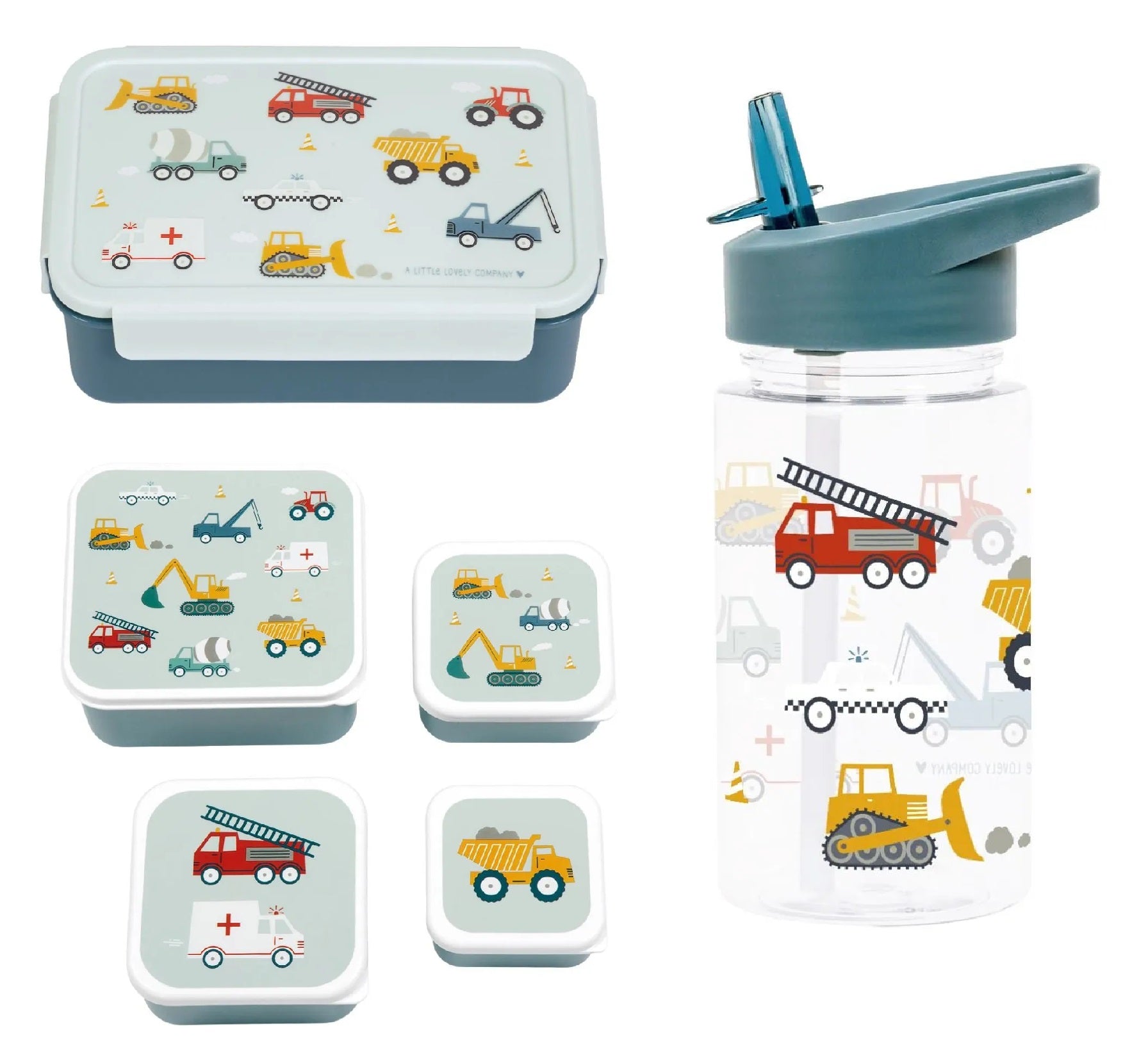 Bundel A Little Lovely Company Back to school set - Drinkfles/4 Snackdozen/Bentobox - Voertuigen